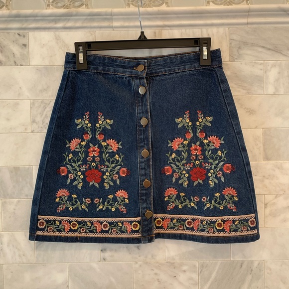 Francesca's Collections Dresses & Skirts - Embroidered, Button-Up Denim Skirt (Francesca’sh